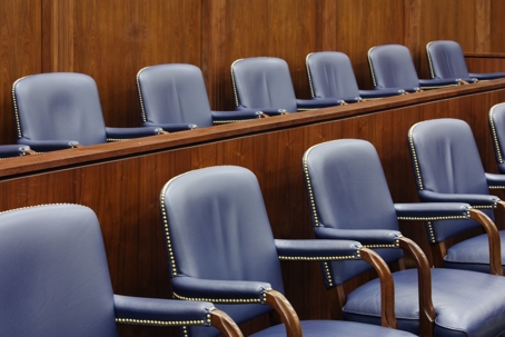 Empty jury seats in a Nevada courtroom