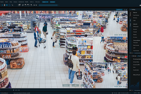 Busy supermarket aisle with shoppers viewed from security camera