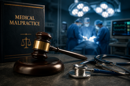 Gavel and stethoscope with surgical operating room in the background