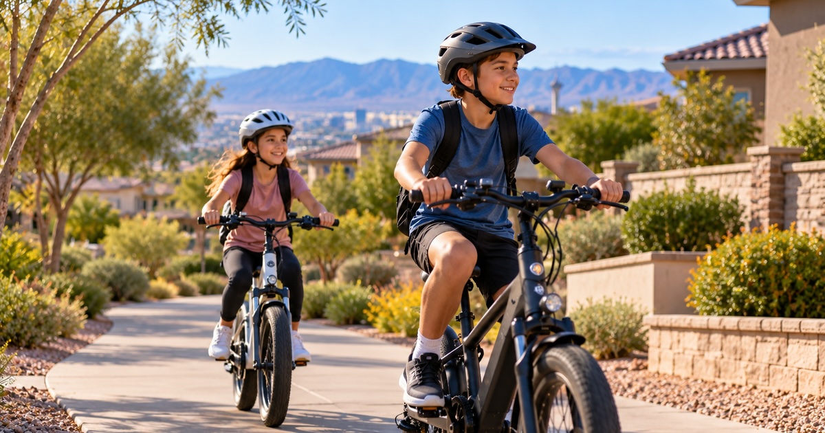 Two helmeted children riding e-bikes through a sunny Las Vegas suburban neighborhood with desert landscaping and mountains in the background.