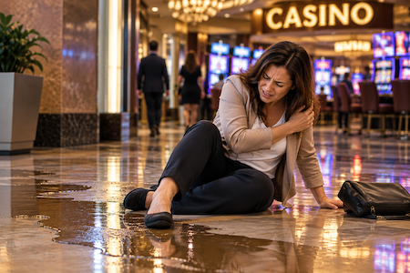 Woman holding her injured shoulder after slipping on a wet casino floor in Las Vegas.