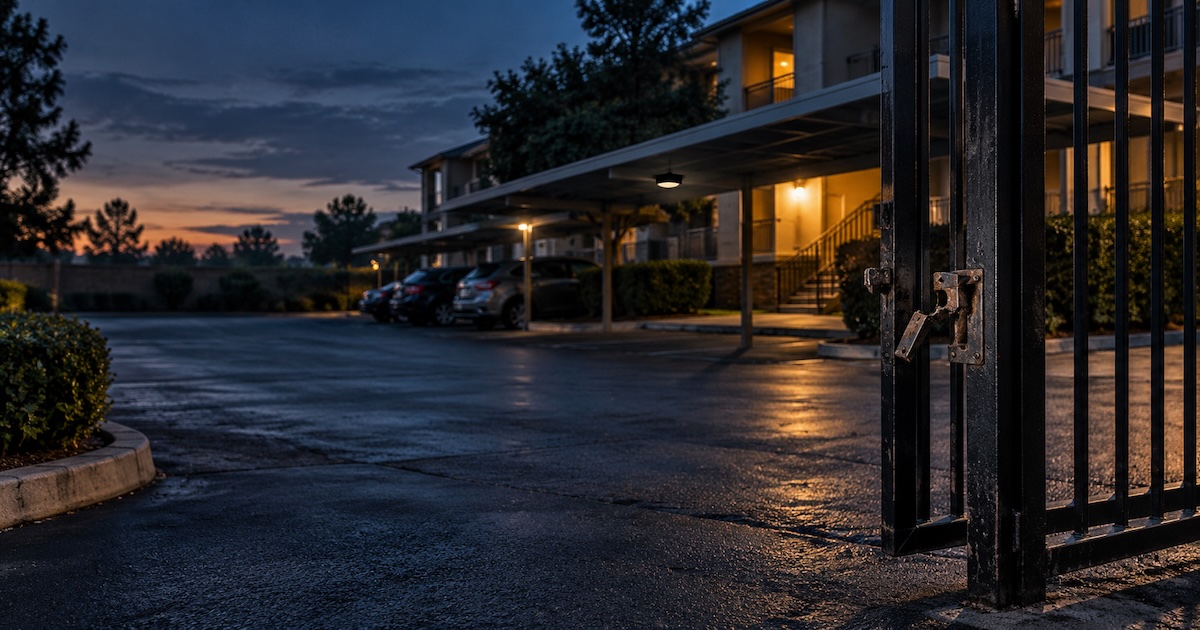 Broken security gate at a dark apartment parking area, an example of negligent security
